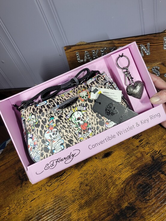 Ed Hardy Handbags - Ed Hardy Convertible Wristlet & Key Ring - Leopard Tattoo Print, Accents